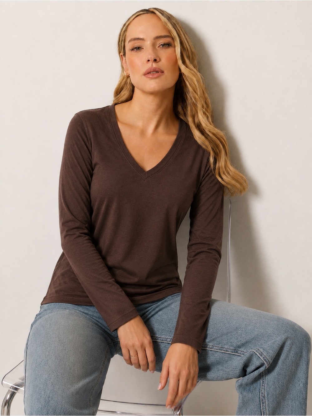 Women’s Brown V-Neck Long Sleeve Cotton‎ Blend Top Size L Casual